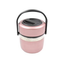 Close-up of stainless steel thermos for food storage